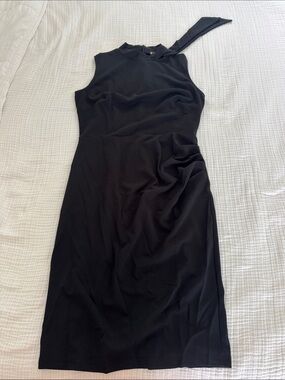 Miusol One-Shoulder Black Sheath Dress with Neck Tie